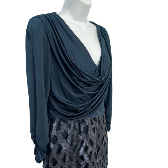 Tadashi Shoji Navy Blue Long Sleeve Sequin Evening Gown Maxi Dress Sz 4 NEW Tags - Picture 9 of 15